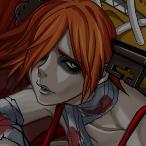 A.B.A from Guilty gear, she is staring at the camera. She is covered in bloodied rags and has a key going trough her head. Her facial expression is of sadness